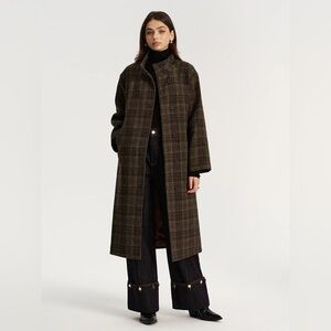 Commense Belted Plaid Tweed Long Coat